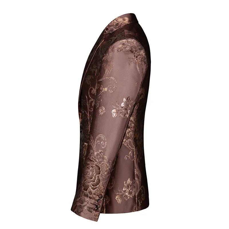Men's Floral Pattern Jacquard Brown Blazer Satin Finish Single Breasted Button Closure