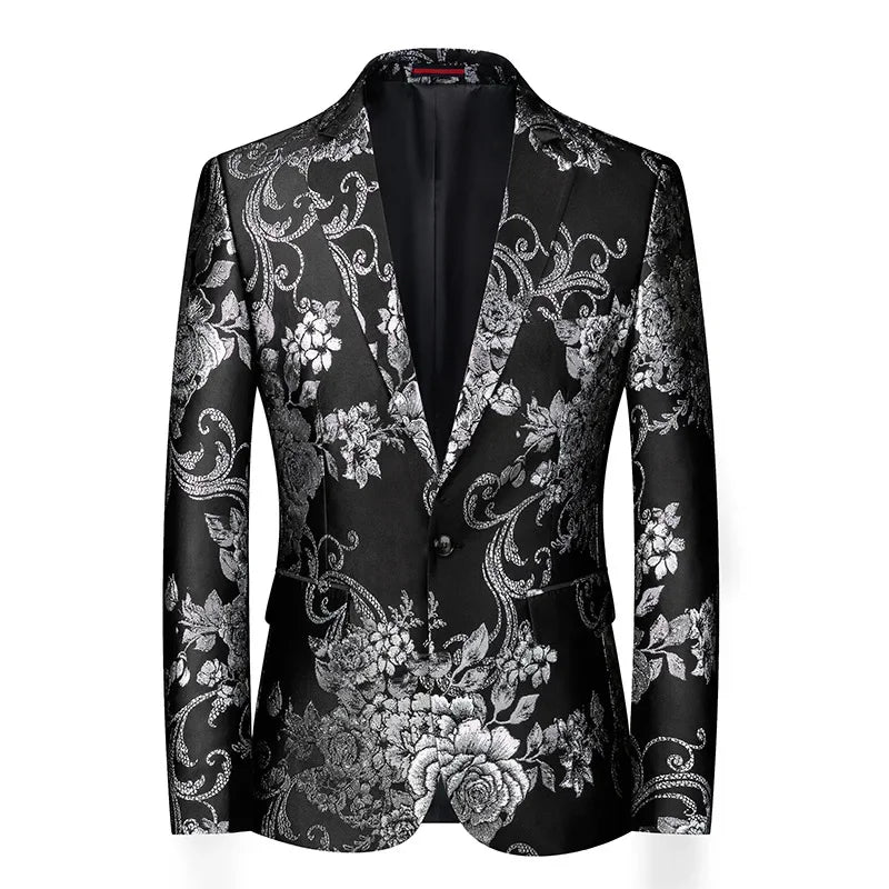 Men's Floral Pattern Jacquard Brown Blazer Satin Finish Single Breasted Button Closure
