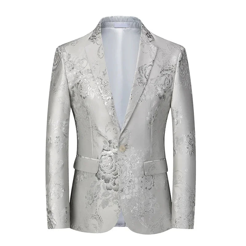 Men's Floral Pattern Jacquard Brown Blazer Satin Finish Single Breasted Button Closure