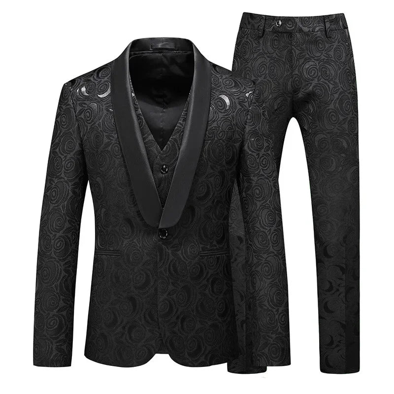 Men's Floral Patterned Three-Piece Suit with Satin Shawl Lapel in Navy Blue