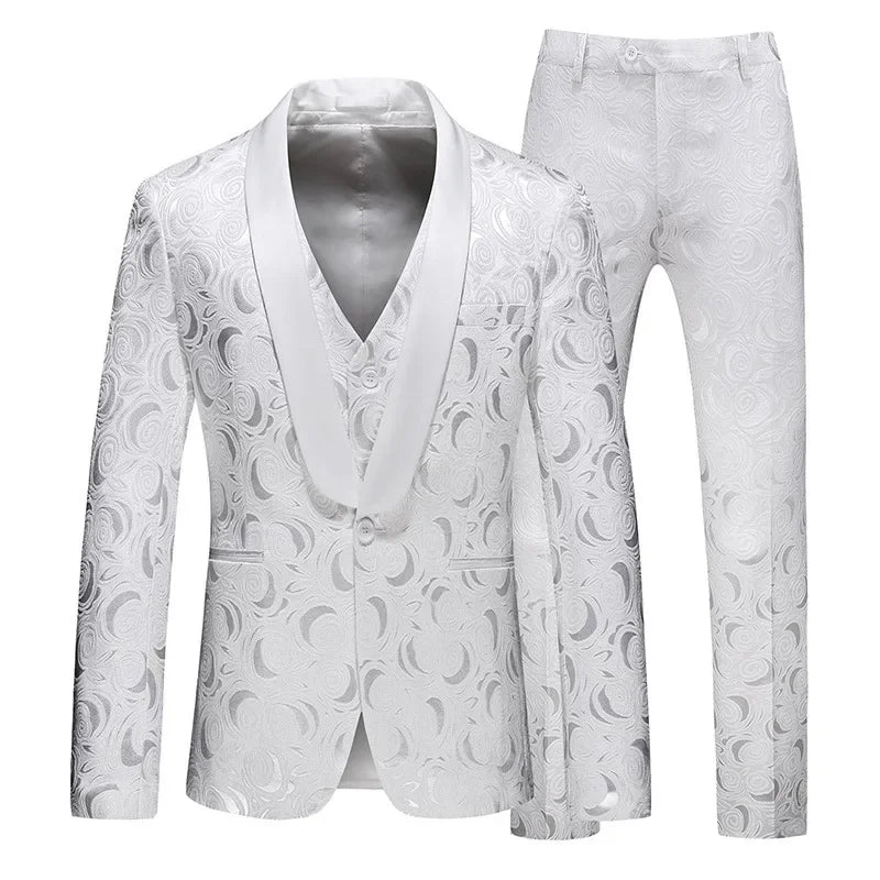 Men's Floral Patterned Three-Piece Suit with Satin Shawl Lapel in Navy Blue