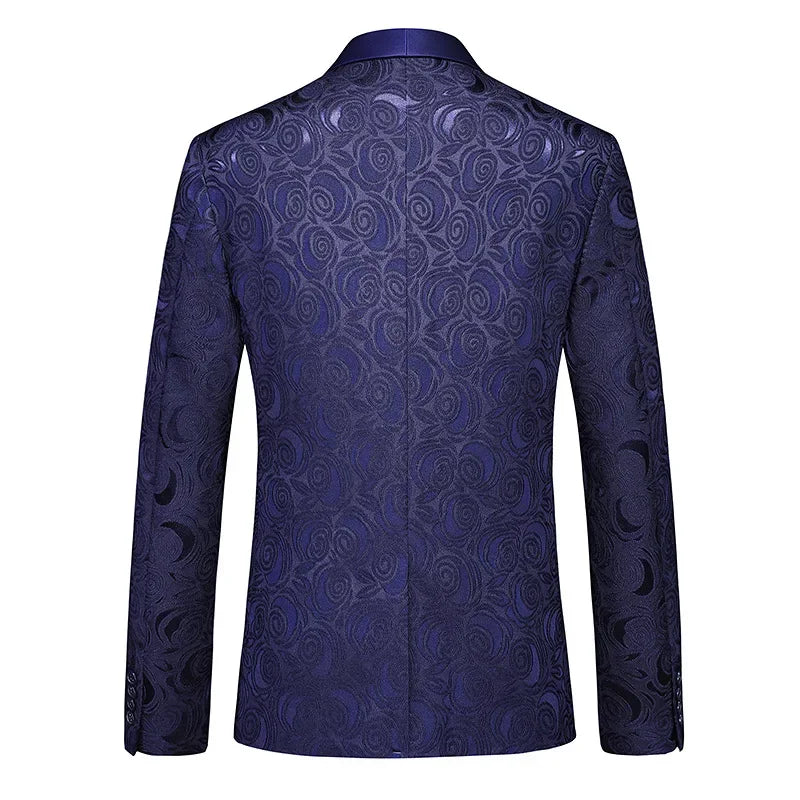 Men's Floral Patterned Three-Piece Suit with Satin Shawl Lapel in Navy Blue