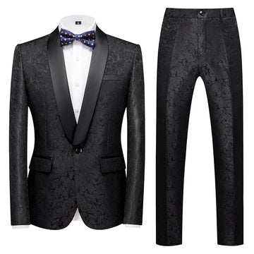 Men's Black Floral Pattern Shawl Lapel Tuxedo Suit with Bow Tie