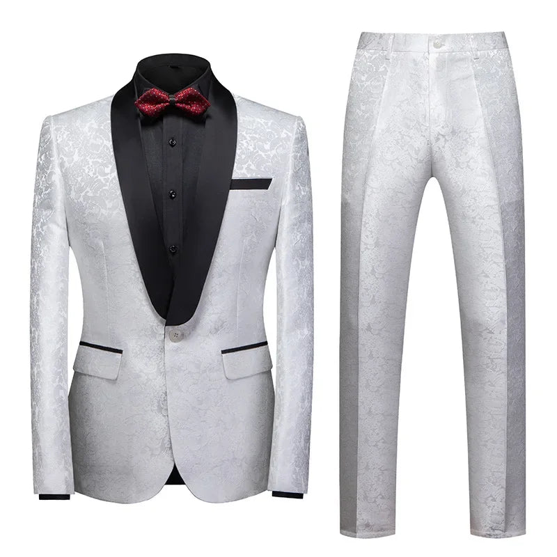 Men's Black Floral Pattern Shawl Lapel Tuxedo Suit with Bow Tie