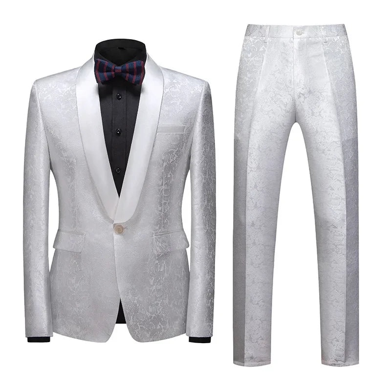 Men's Black Floral Pattern Shawl Lapel Tuxedo Suit with Bow Tie