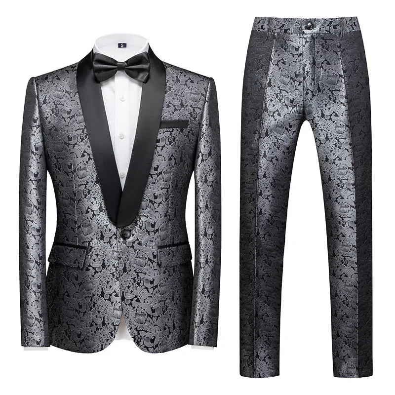 Men's Black Floral Pattern Shawl Lapel Tuxedo Suit with Bow Tie