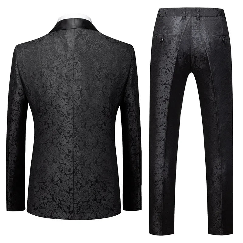 Men's Black Floral Pattern Shawl Lapel Tuxedo Suit with Bow Tie