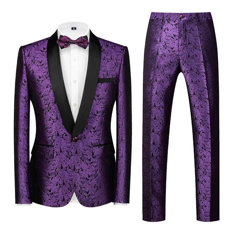 Men's Black Floral Pattern Shawl Lapel Tuxedo Suit with Bow Tie