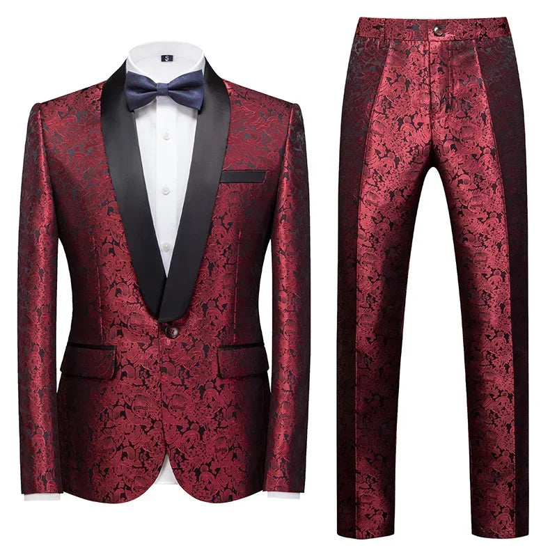 Men's Black Floral Pattern Shawl Lapel Tuxedo Suit with Bow Tie