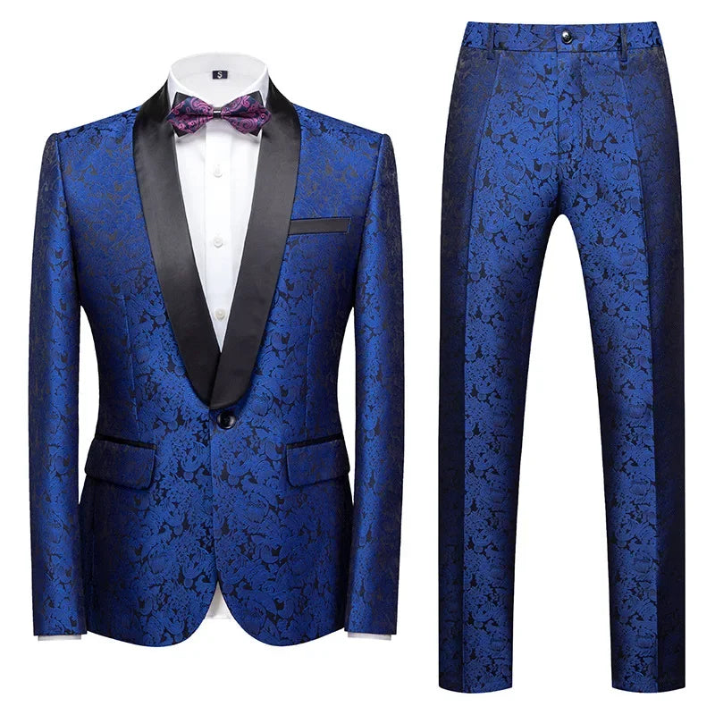 Men's Black Floral Pattern Shawl Lapel Tuxedo Suit with Bow Tie