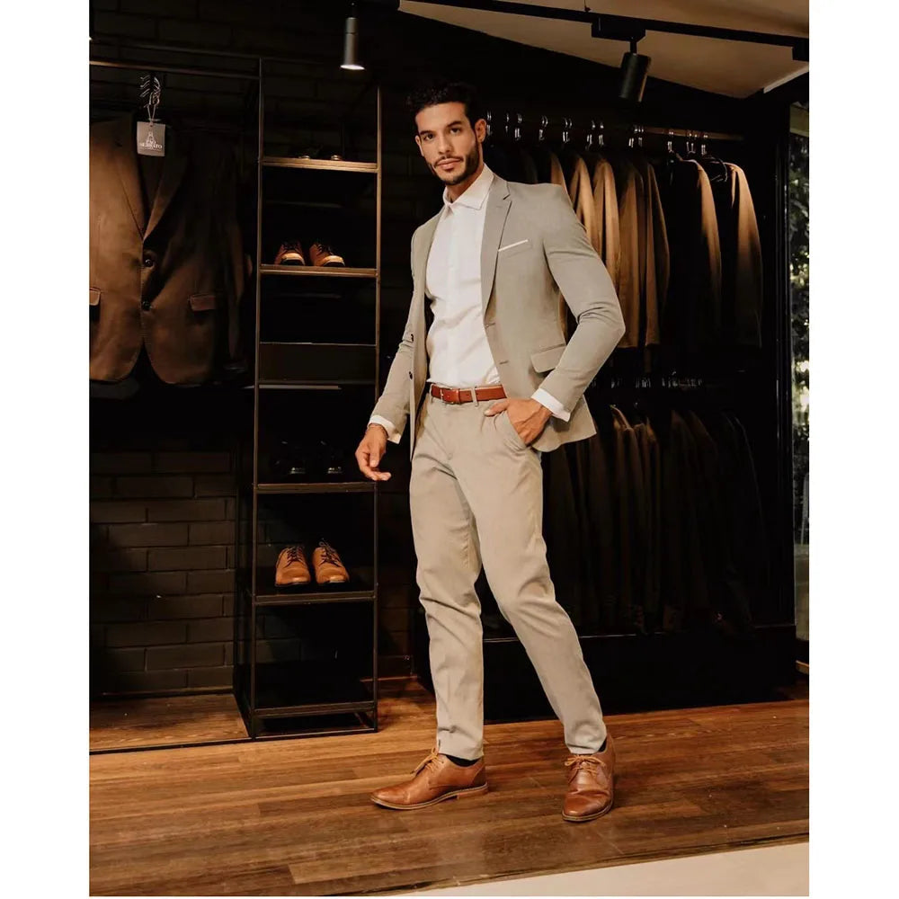 Wedding Men Light Khaki Notched Lapel Suits Business Casual Formal Costume Homme Slim Fit 2Pcs Set Jacket Pants