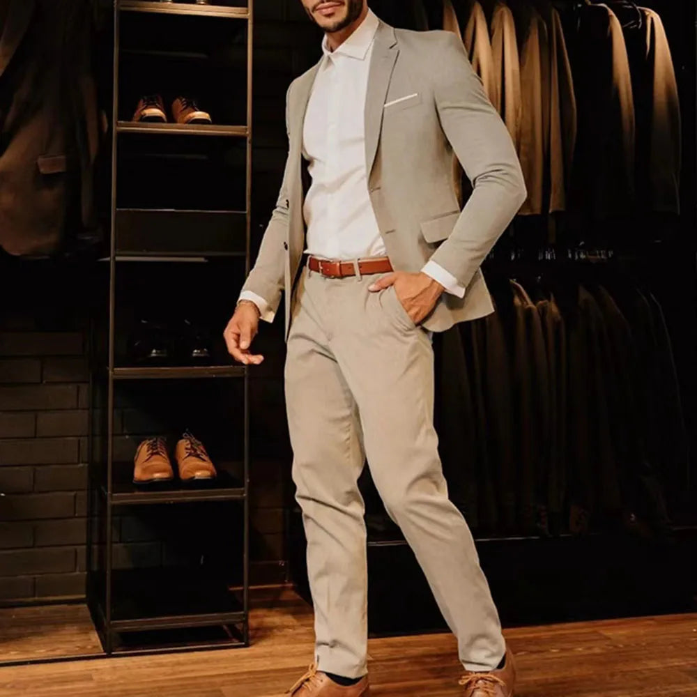 Wedding Men Light Khaki Notched Lapel Suits Business Casual Formal Costume Homme Slim Fit 2Pcs Set Jacket Pants