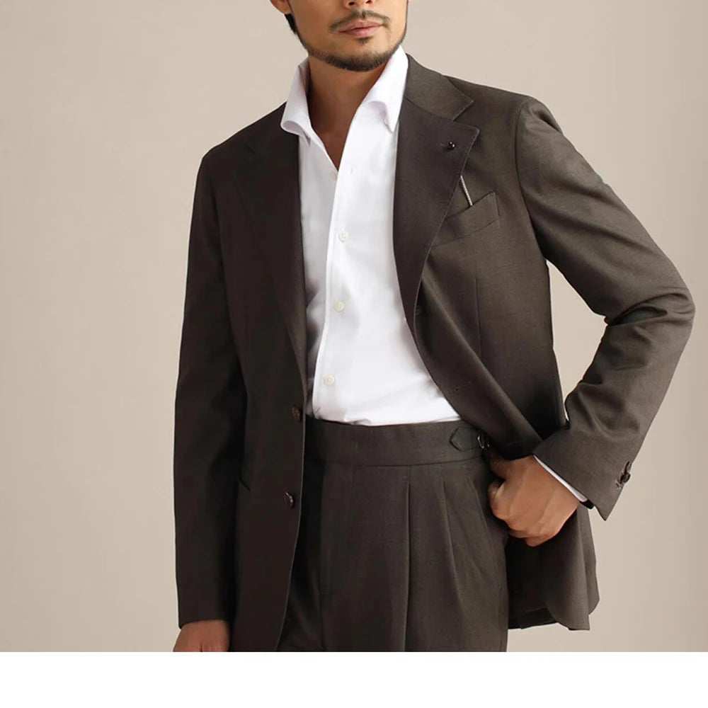Trajes de hombre nuevos, 2 piezas, corte entallado, informal, formal, de negocios, marrón, con solapa de muesca, para padrinos de boda (chaqueta + pantalón)