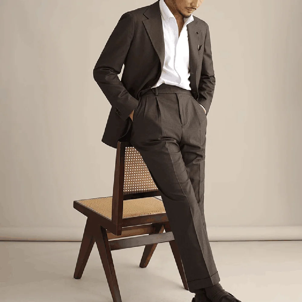 Trajes de hombre nuevos, 2 piezas, corte entallado, informal, formal, de negocios, marrón, con solapa de muesca, para padrinos de boda (chaqueta + pantalón)