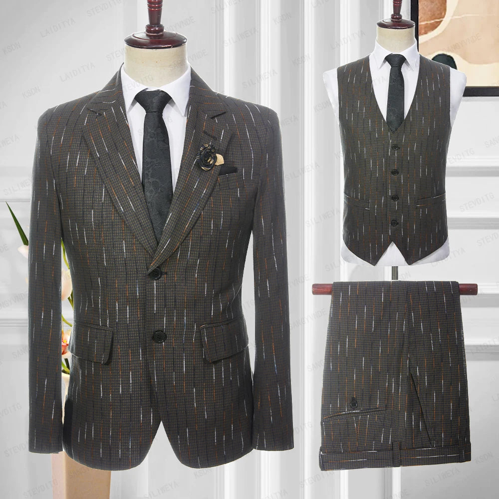 Men's  Business Linen Suits Blue Yellow Plaid Colourful Stripe Wedding Groom Tuxedo 3 Pcs Set（Jacket+Vest+Pants）