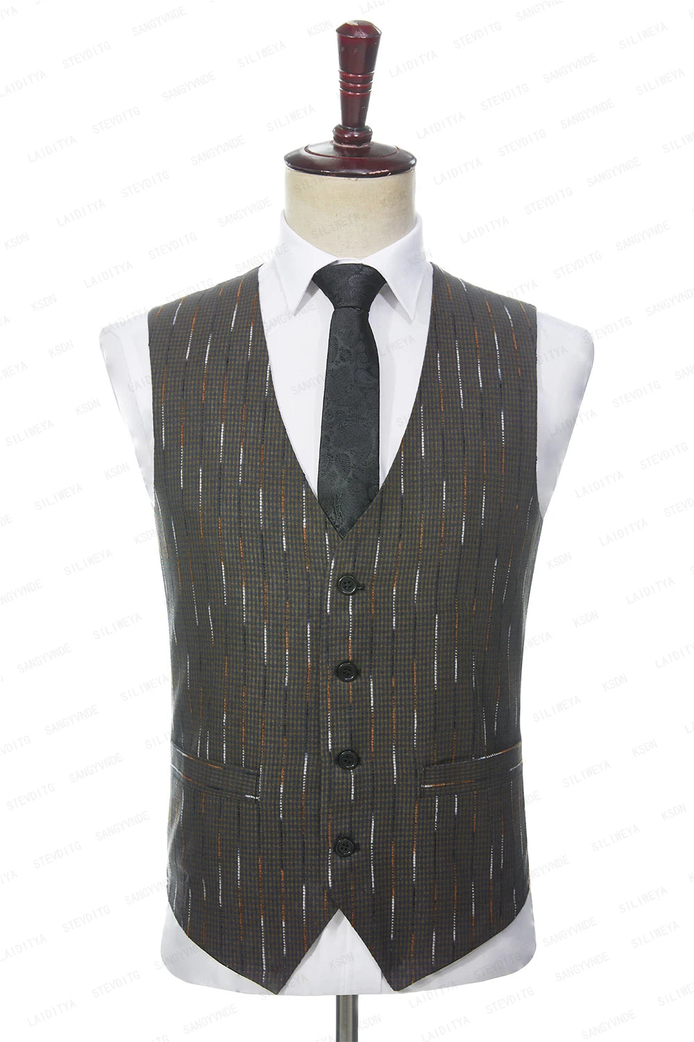 Men's  Business Linen Suits Blue Yellow Plaid Colourful Stripe Wedding Groom Tuxedo 3 Pcs Set（Jacket+Vest+Pants）