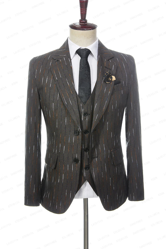 Men's  Business Linen Suits Blue Yellow Plaid Colourful Stripe Wedding Groom Tuxedo 3 Pcs Set（Jacket+Vest+Pants）