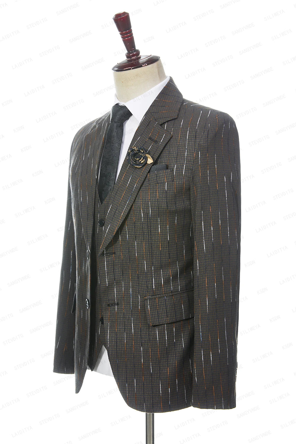 Men's  Business Linen Suits Blue Yellow Plaid Colourful Stripe Wedding Groom Tuxedo 3 Pcs Set（Jacket+Vest+Pants）