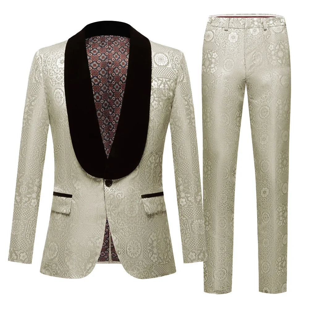 Conjunto de traje de jacquard para hombre, franela verde, cuello de fruta, chaqueta de dos piezas multicolor 
