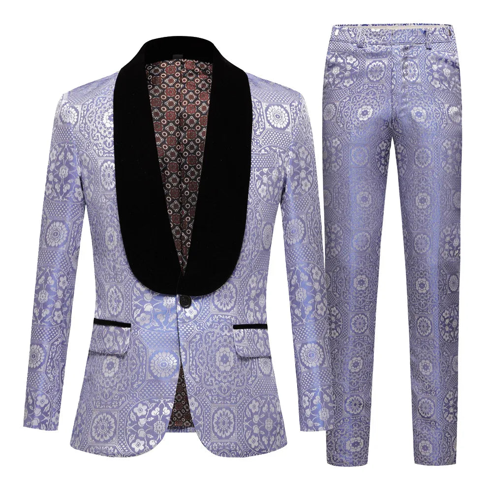 Conjunto de traje de jacquard para hombre, franela verde, cuello de fruta, chaqueta de dos piezas multicolor 