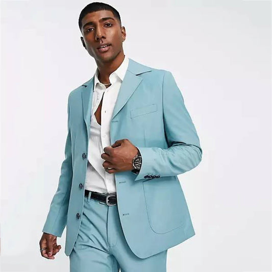 Sky Blue Men Suit Slim Fit Groom Tuxedos Four Button Tailored Made 2 Pieces Suit Set Blazer Jacket Pants Costume Homme