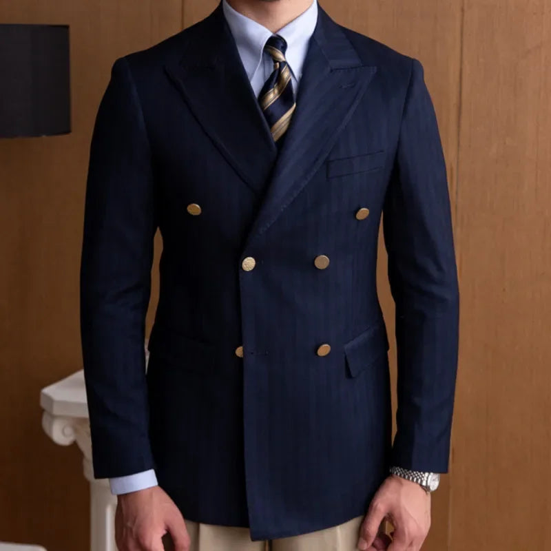 Men's Navy Blue Double-Breasted Blazer with Gold Buttons