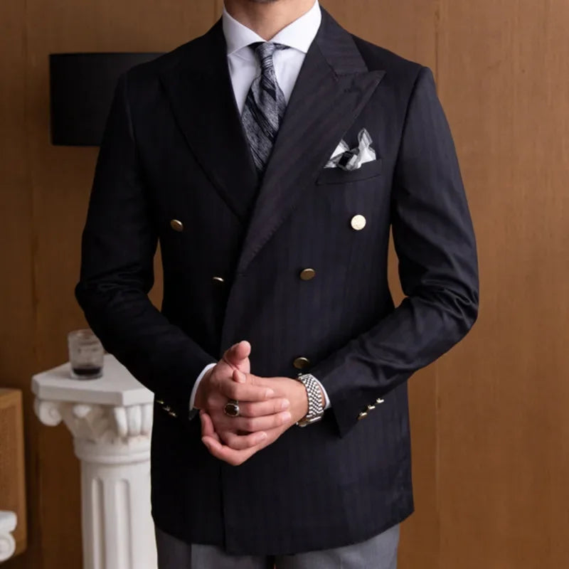 Men's Navy Blue Double-Breasted Blazer with Gold Buttons