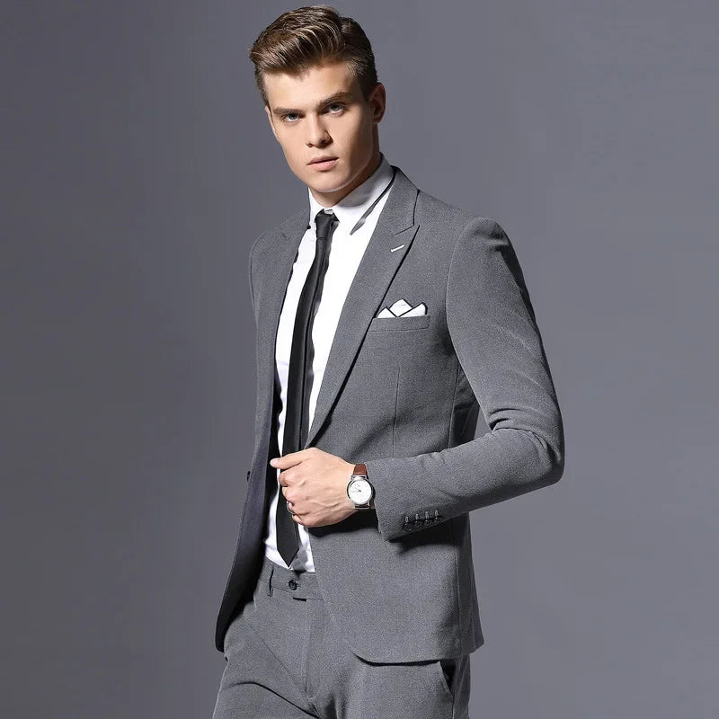 Costume gris slim fit pour homme, ensemble deux pièces avec cravate et pochette