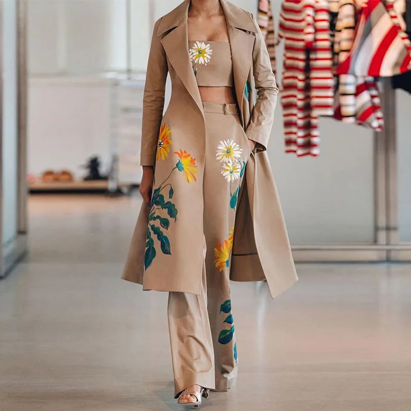 Traje de pantalón cortavientos largo estampado de temperamento de otoño e invierno para mujer, conjuntos de dos piezas, atuendos para mujer 