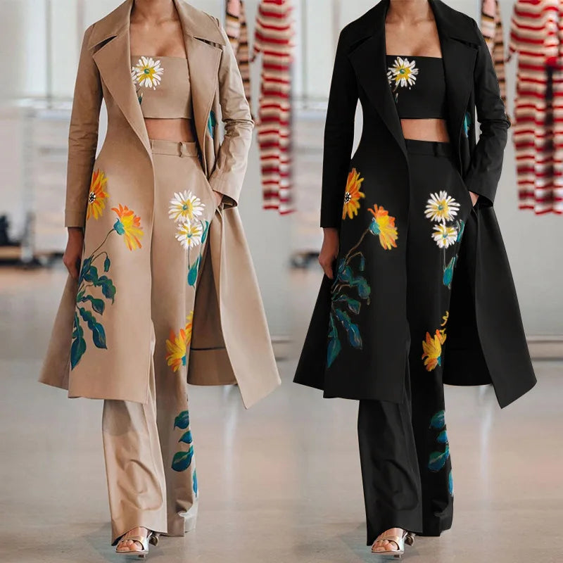 Traje de pantalón cortavientos largo estampado de temperamento de otoño e invierno para mujer, conjuntos de dos piezas, atuendos para mujer 