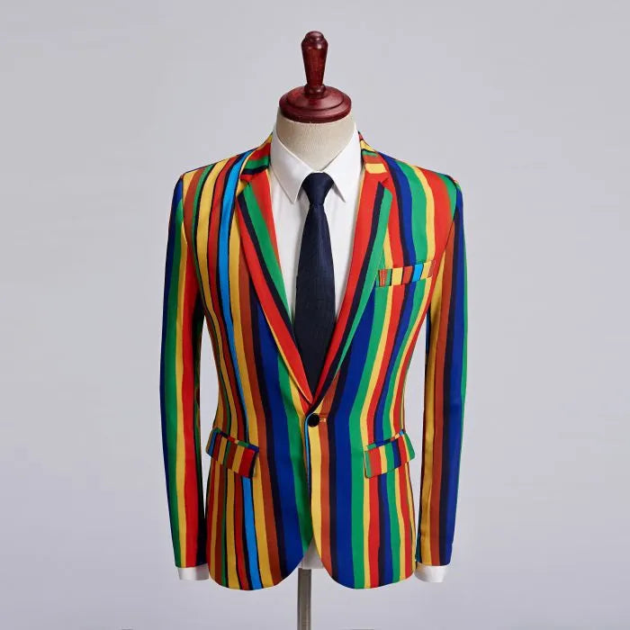 Nuevo vestido estampado de rayas coloridas para hombre, traje informal, abrigo, estudio de banquetes, anfitrión, estilista, traje de flores, conjunto de dos piezas 