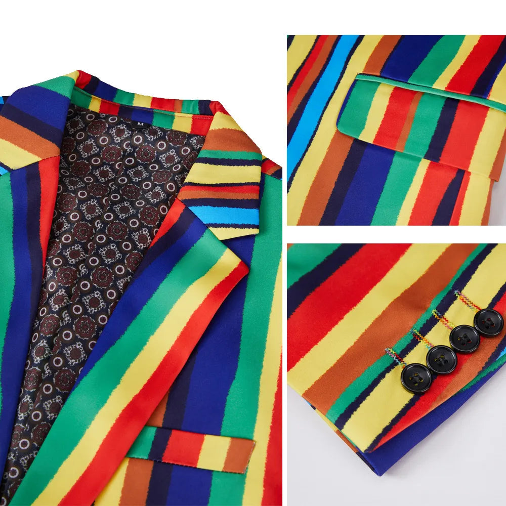 Nuevo vestido estampado de rayas coloridas para hombre, traje informal, abrigo, estudio de banquetes, anfitrión, estilista, traje de flores, conjunto de dos piezas 
