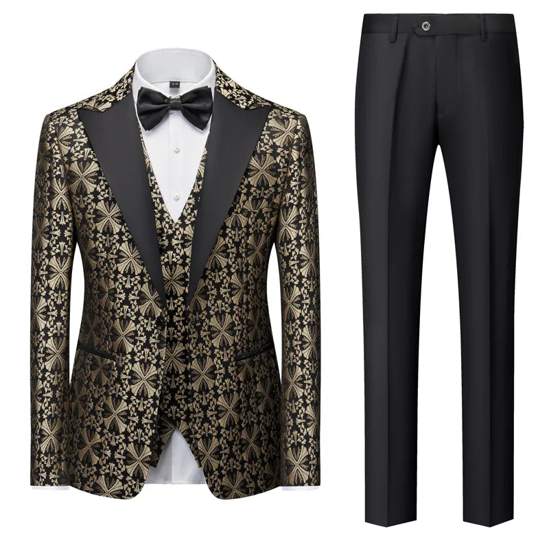 New Men's Business Casual Suit Korean Version Slim Wedding Dress Suit Men's Printed Large Size Three-piece Set