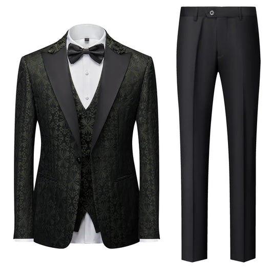 New Men's Business Casual Suit Korean Version Slim Wedding Dress Suit Men's Printed Large Size Three-piece Set