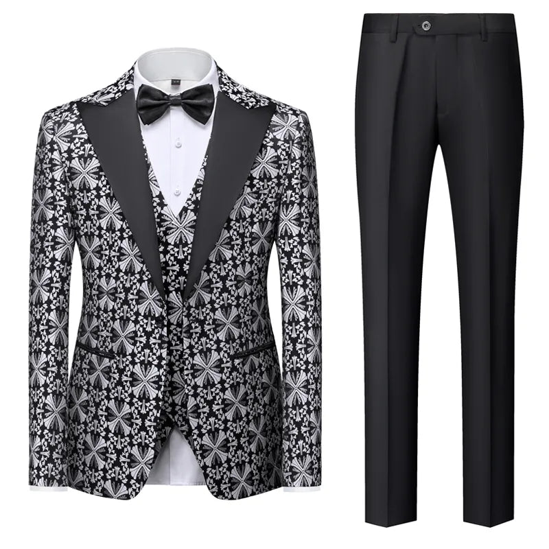 New Men's Business Casual Suit Korean Version Slim Wedding Dress Suit Men's Printed Large Size Three-piece Set