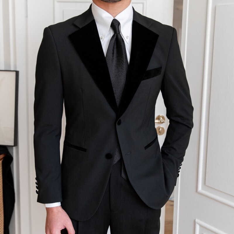 Spring British Spliced Velvet Suit Two Piece Wedding Party Suit Groom Banquet Men Suit Slim Fit Royal