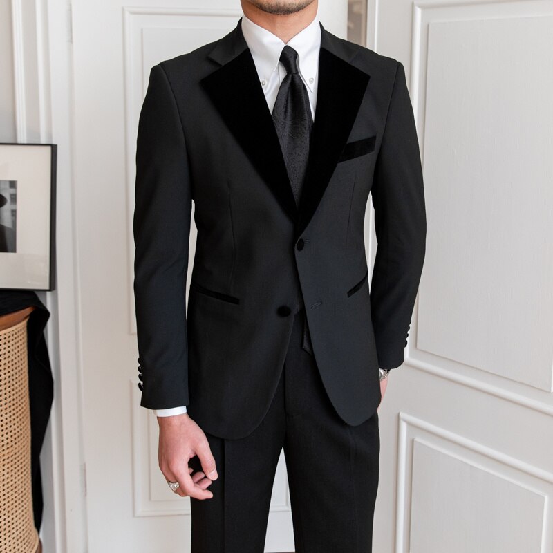Spring British Spliced Velvet Suit Two Piece Wedding Party Suit Groom Banquet Men Suit Slim Fit Royal