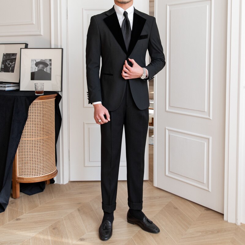 Spring British Spliced Velvet Suit Two Piece Wedding Party Suit Groom Banquet Men Suit Slim Fit Royal
