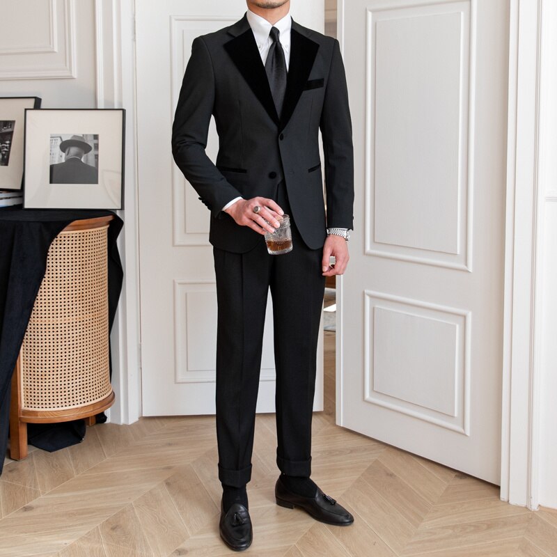 Spring British Spliced Velvet Suit Two Piece Wedding Party Suit Groom Banquet Men Suit Slim Fit Royal