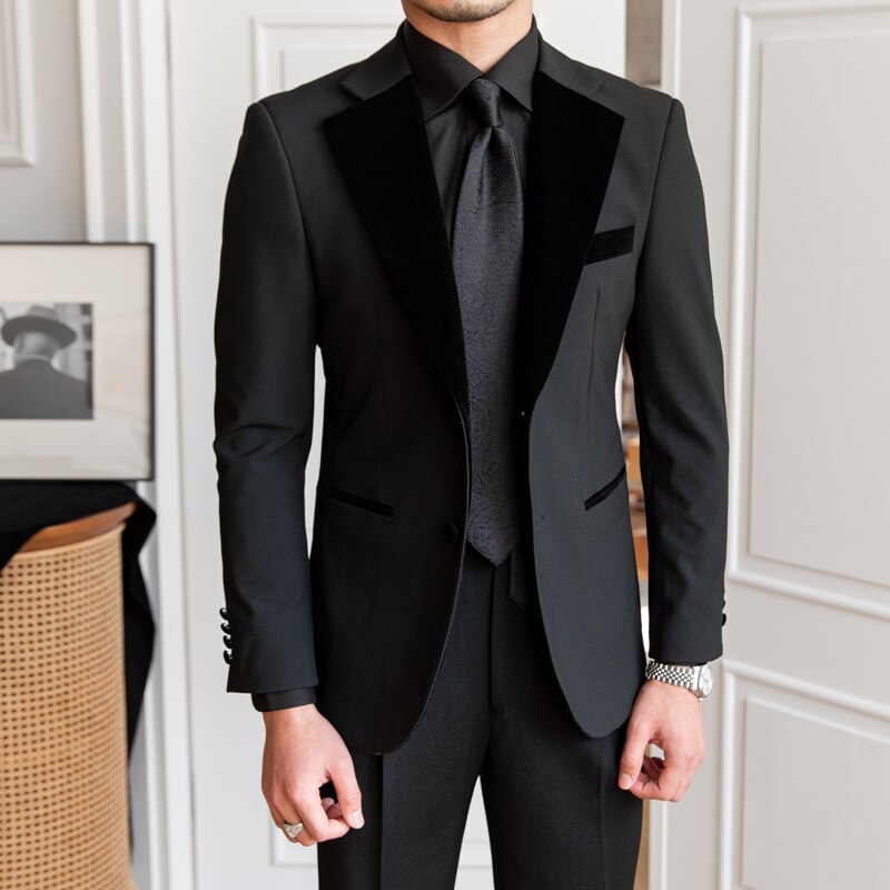 Spring British Spliced Velvet Suit Two Piece Wedding Party Suit Groom Banquet Men Suit Slim Fit Royal