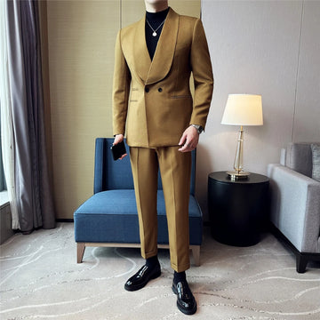 Fashion Double Breasted Big Flip Collar Wedding Groom Set Fashion Casual Business Party Men's Dress 2 Piece Jacket Pant