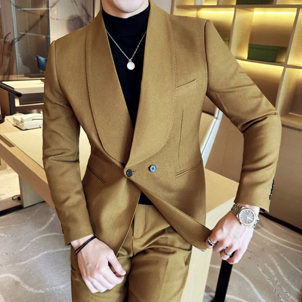 Conjunto de 2 piezas de chaqueta y pantalón para hombre, traje informal de negocios, fiesta y boda, con doble botonadura y cuello vuelto