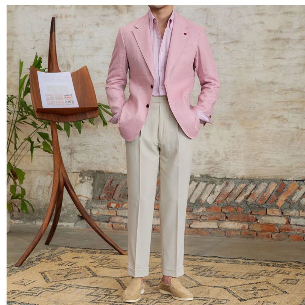100% Linen Italian Fashion Blazer Men's Casual Breathable Half Lined Retro Suit Two Piece Coat Pants