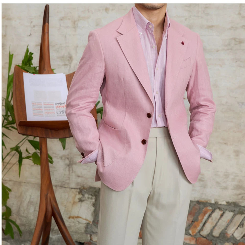100% Linen Italian Fashion Blazer Men's Casual Breathable Half Lined Retro Suit Two Piece Coat Pants