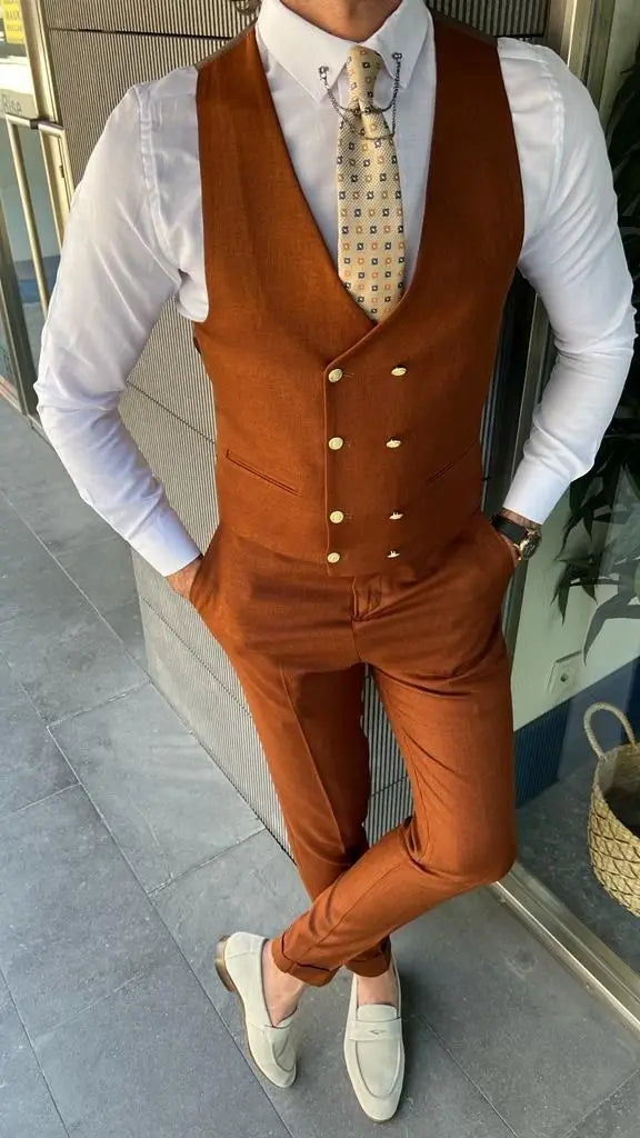 Costume trois pièces pour homme, coupe slim, couleur rouille, revers pointus, smoking de marié, robe de marié, blazer, gilet, pantalon