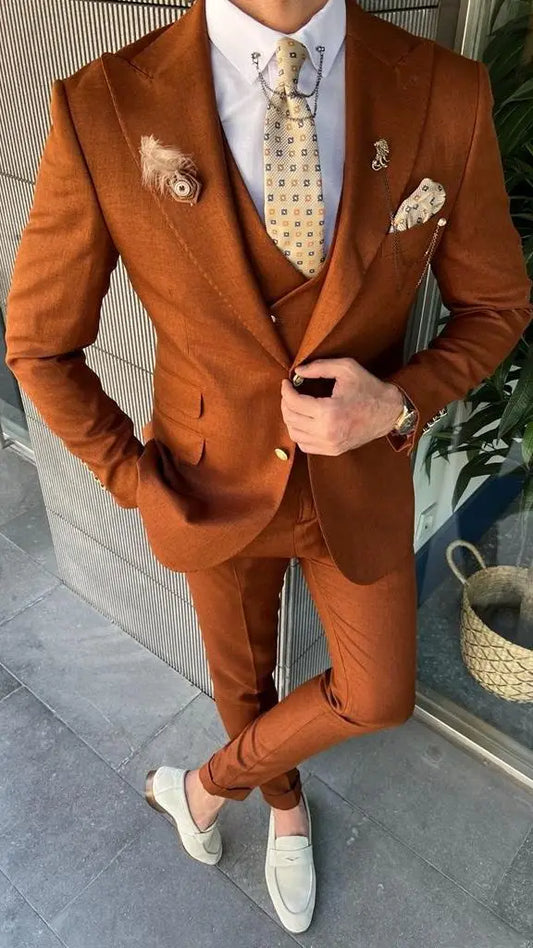 Latest Rust Color Slim Fit Three Piece Men Suits  Peak Lapel Wedding Groom Tuxedos Best Man Dress Terno Blazer Vest Pant