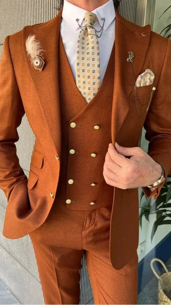 Costume trois pièces pour homme, coupe slim, couleur rouille, revers pointus, smoking de marié, robe de marié, blazer, gilet, pantalon