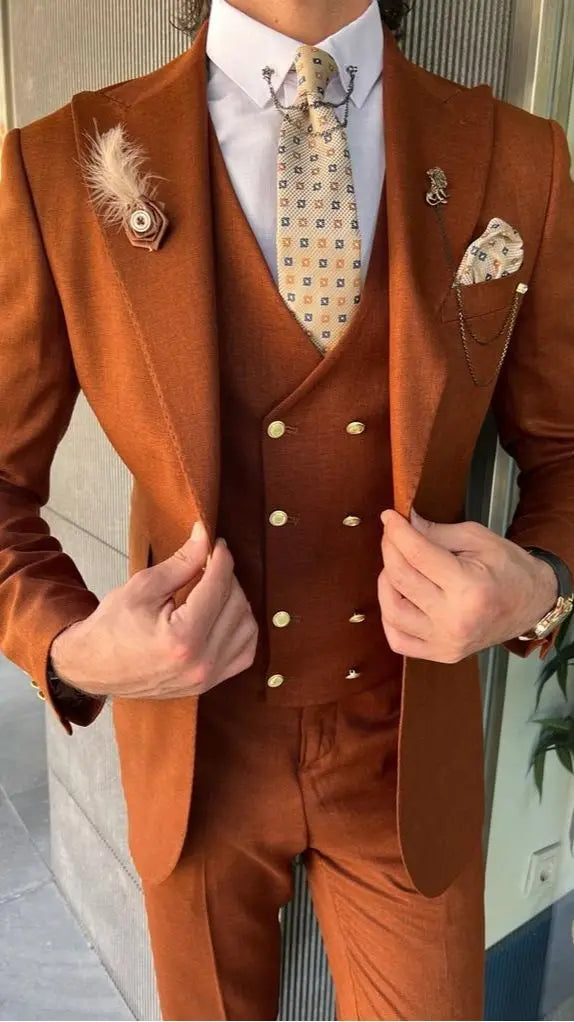 Costume trois pièces pour homme, coupe slim, couleur rouille, revers pointus, smoking de marié, robe de marié, blazer, gilet, pantalon