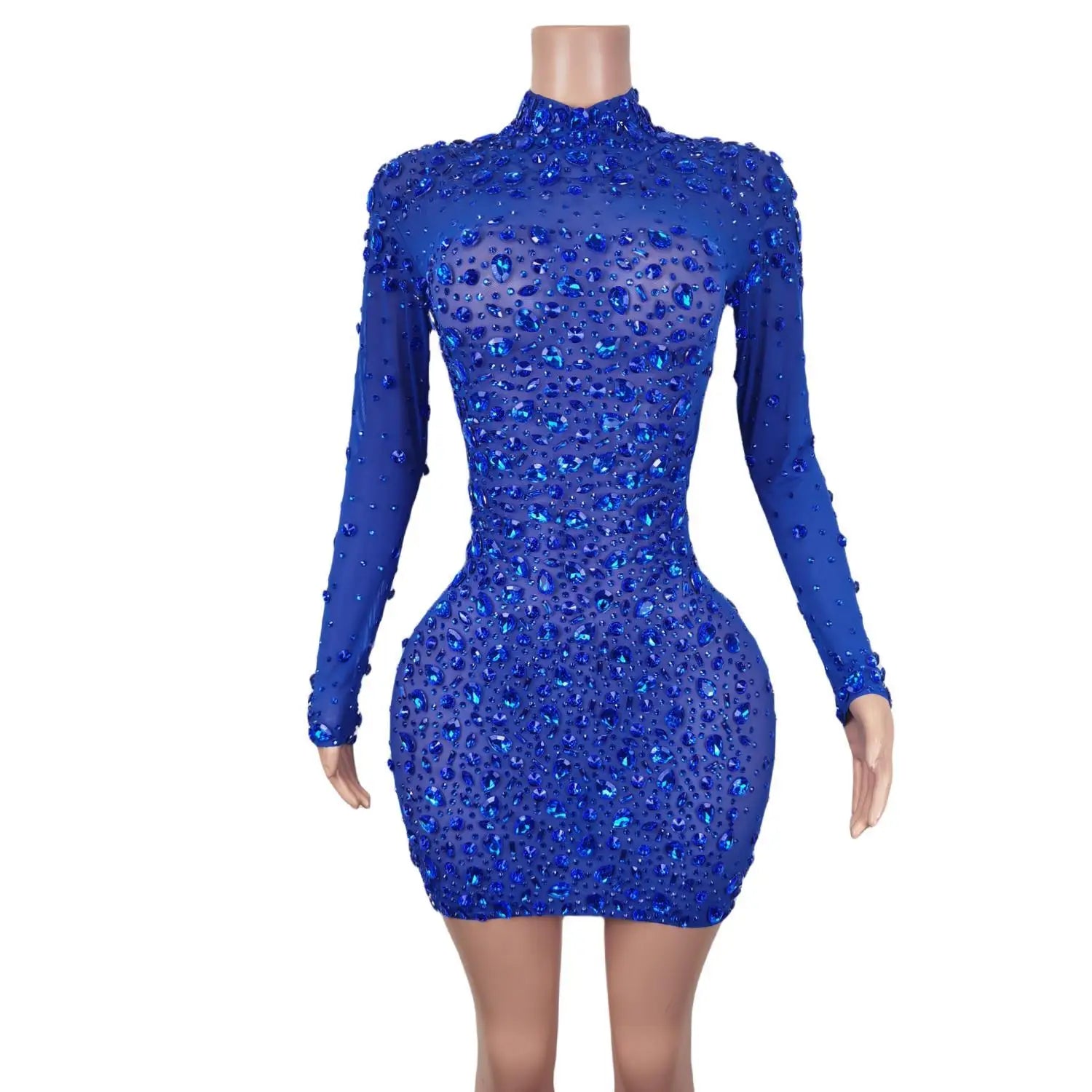 Superbe robe moulante à manches longues en maille transparente ornée de strass bleus pour soirées et bals de fin d'année 