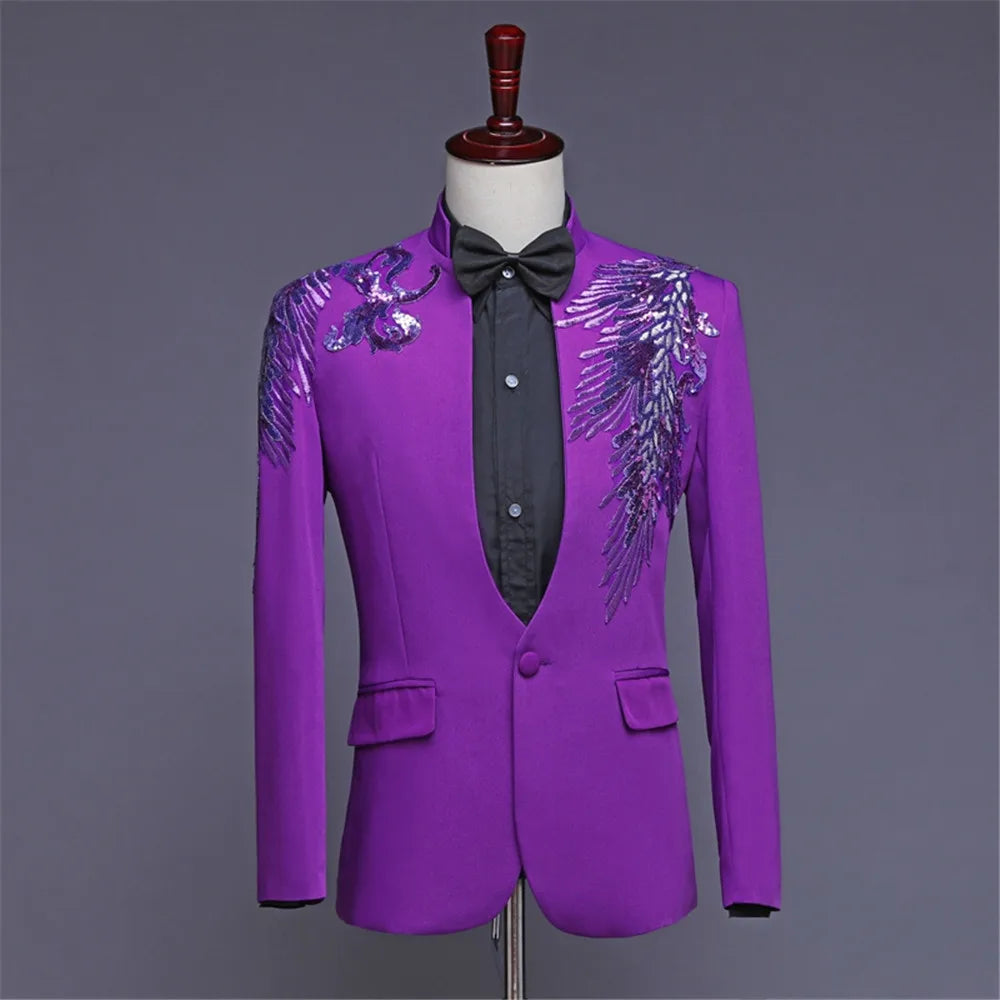 Two-piece Stand Collar Appliqued Men White Suits for Prom Wedding Award Ceremony Blue Red Purple Jacket